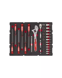 Milwaukee 1/4" Ratschen- u. Steckschlüsseleinsätze, Tri-Lobe-Schraubendreher & Rollgabelschlüssel Einlage (35-teilige Einlage für PACKOUT Koffer mit Schubladen)