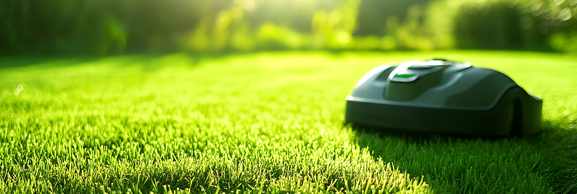 Mähroboter auf sonnenbeschienenen Rasen